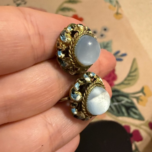 Elegant Gold and Blue Statement Clip On Czech Stamped Earrings - Picture 4 of 8